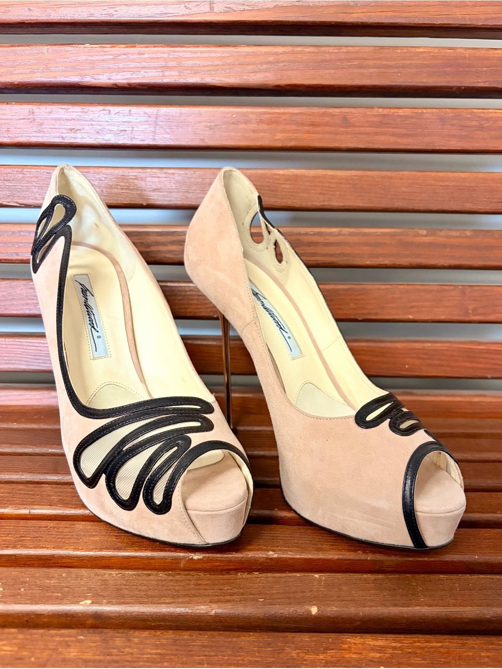 Brian Atwood Nude Beige Suede Peep-Toe Heels with Black Trim